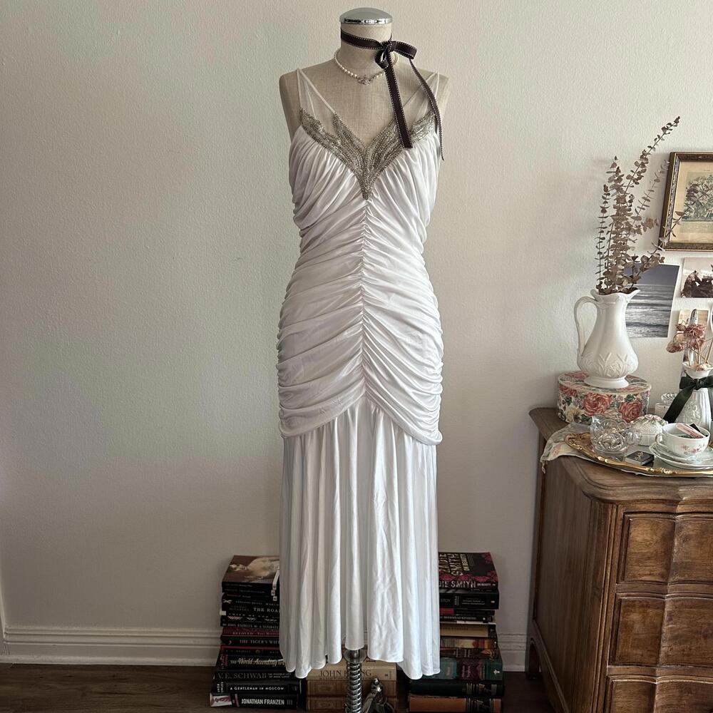 American Vintage White Ruched Maxi Dress with Silver Trim